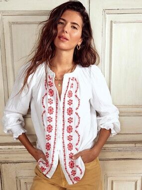 Boden White Eva Peasant Blouse with Pink Floral Embroidery